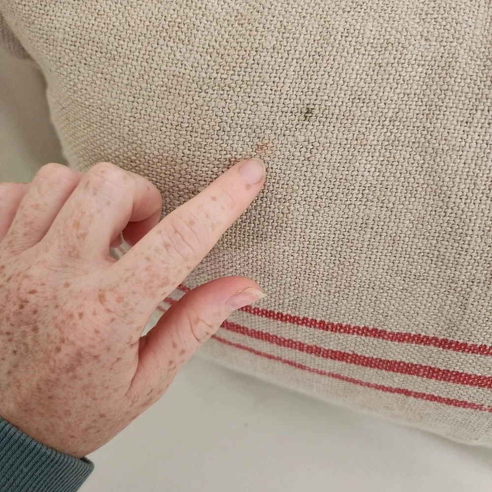 POTTERY BARN RED STRIPE LINEN HEMP FRENCH GRAIN SACK BUTTON PILLOW  16x26